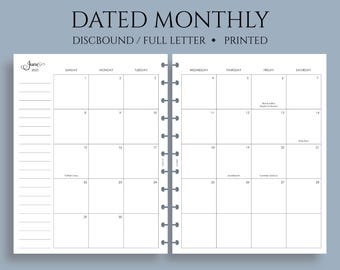 Dated Monthly Calendar Planner Inserts, Full Letter Size Discbound, Sunday Start, with Holidays, MO2P ~ 8.5&quot; x 11&quot;