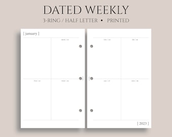Dated Weekly Planner Inserts, Vertical Layout, Two-Page Weekly, Minimal, Functional, WO2P ~ Half Letter Size 3-Ring / 5.5" x 8.5"