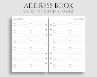 Address Book Inserts, Contacts Pages, Phone Book and Addresses ~ A5 Rings, Half Letter Size / 5.5" x 8.5"