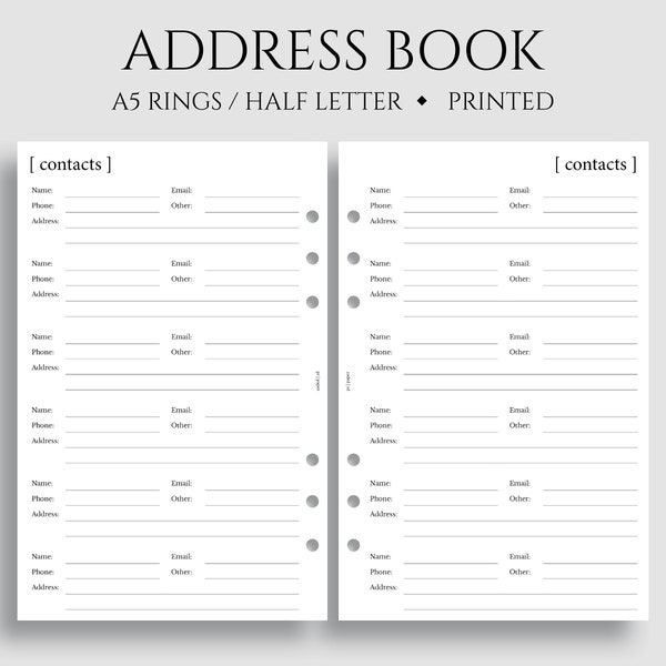 Address Book Inserts, Contacts Pages, Phone Book and Addresses ~ A5 Rings, Half Letter Size / 5.5" x 8.5"