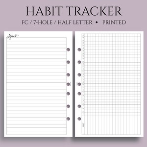 May include: A printable habit tracker for a 7-hole, half-letter size planner. The tracker has a grid on the right side and a lined notes section on the left. The tracker is labeled "May" and has a section for notes.
