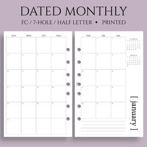Dated Monthly Calendar Planner Inserts, FC Classic 7-Hole, Sunday Start, MO2P, Minimal, Daytimer ~ Half Letter Size / 5.5" x 8.5"