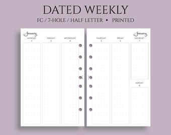 Dated Weekly Planner Inserts, Vertical Column Layout with Dot Grid, Two Page Weekly, WO2P ~ FC Classic 7-Hole, Half Letter / 5.5" x 8.5"
