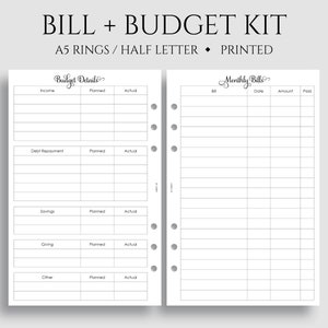 Monthly Bills and Budget Kit Planner Inserts, A5 6-Ring Punch, Half Letter Size, Income, Expenses, Debt Payment Tracker ~ 5.5&quot; x 8.5&quot;