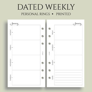 Dated Weekly Planner Inserts, 6-Ring Personal Size, Two Page Horizontal Layout, Lined Notes Section, WO2P ~ 3.75" x 6.75"