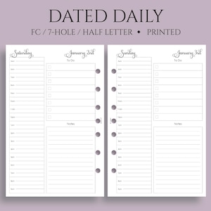 Dated Daily Planner Inserts, FC Classic 7-Hole, Schedule, Time Blocking, To-Do List, Lined Notes, DO1P ~ Half Letter Size / 5.5" x 8.5"