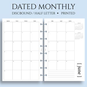 Dated Monthly Calendar Planner Inserts, Junior Half Letter Size Discbound, Monday Start, MO2P, Minimal, Functional ~ 5.5 x 8.5&quot;