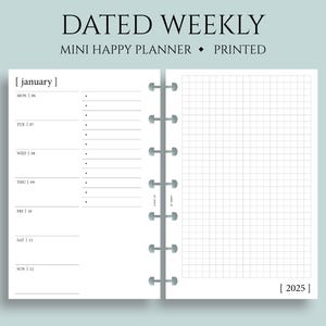 Dated Weekly Planner Inserts, Mini Happy Planner, Horizontal, Grid, Two-Page Weekly, Minimal, Functional, WO2P ~ 4.6" x 7"
