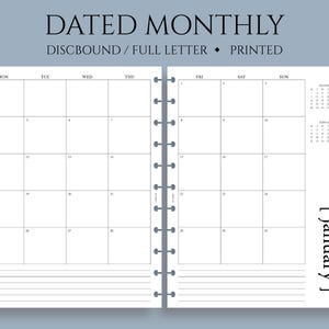 Dated Monthly Calendar Planner Inserts, Full Letter Size Discbound, Monday Start, MO2P, Minimal, Functional ~ 8.5" x 11"