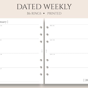 Dated Weekly Planner Inserts, B6 Planner, 6-Ring, Horizontal Layout, Minimal, Two-Page Weekly, WO2P ~ 5.3" x 7"