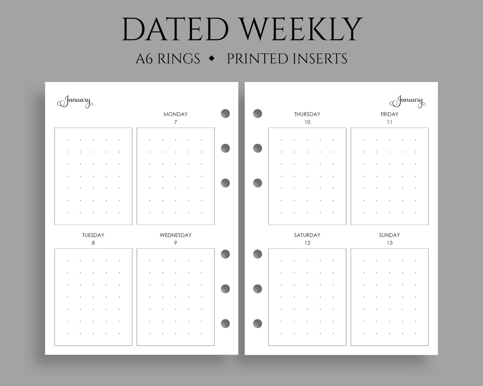 Dated Weekly Planner Inserts Vertical Column Layout with Dot Etsy