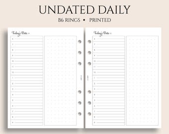 Undated Daily Planner Inserts, B6 Planner, 6-Ring, Schedule, Dot Grid Notes Section, DO1P, Time Blocking,  ~ 5.3" x 7"