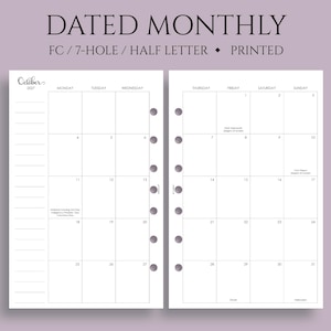 Dated Monthly Calendar Planner Inserts, FC Classic 7-Hole, Monday Start, Optional Holidays, MO2P ~ Half Letter Size / 5.5" x 8.5"