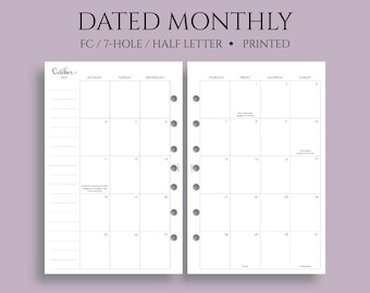 Dated Monthly Calendar Planner Inserts, FC Classic 7-Hole, Monday Start, Optional Holidays, MO2P ~ Half Letter Size / 5.5&quot; x 8.5&quot;
