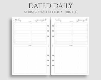 Dated Daily Planner Inserts, To-Do List, Dot Grid Notes Section, DO1P ~ A5 Rings, Half Letter Size / 5.5" x 8.5"