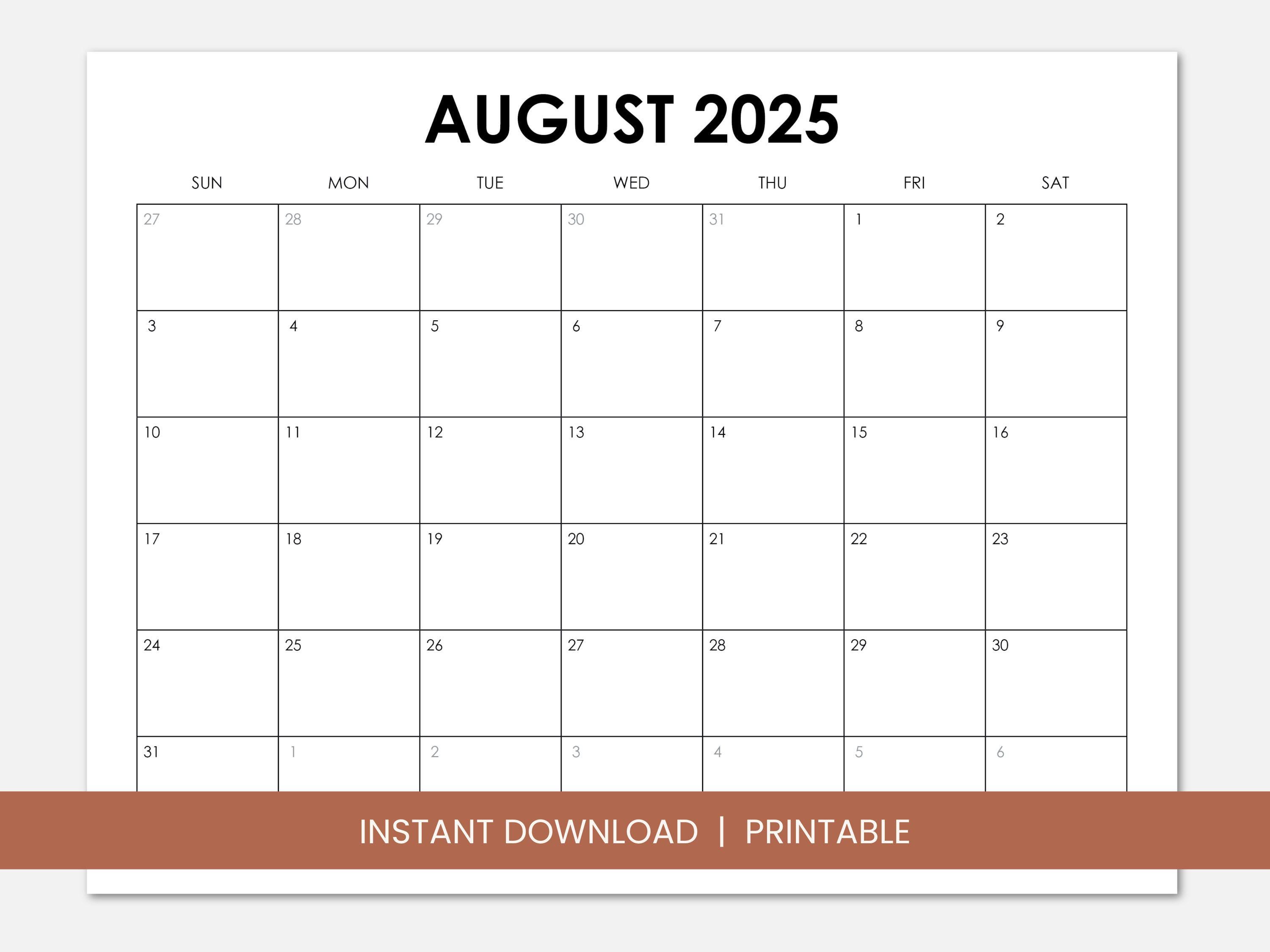 August 2025 Calendar with Holidays, Printable Dated August Monthly Calendar, Instant Digital Download PDF, Sunday Start or Monday Start