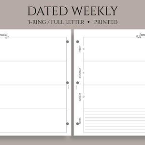 Dated Weekly Planner Inserts, 3-Ring Full Letter, Two Page Horizontal Layout, Lined Notes Section, WO2P ~ 3-Hole Punch, 8.5" x 11"