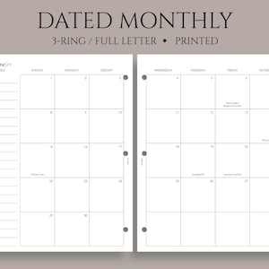 Dated Monthly Calendar Planner Inserts, 3-Ring Full Letter, Sunday Start, Holidays, MO2P ~ 3-Hole Punch, 8.5&quot; x 11&quot;