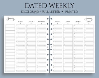 Dated Weekly Planner Inserts, Two Page Vertical Timed Hourly Layout, WO2P ~ Full Letter Size Discbound / 8.5" x 11"