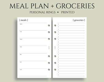 Weekly Meal Planning and Grocery Shopping List Planner Inserts, 6-Ring Personal Size, Minimal Style, Functional ~ 3.75" x 6.75"