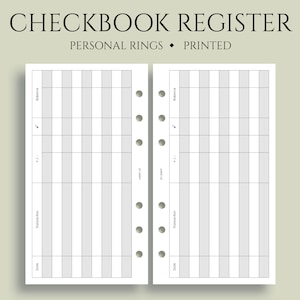 May include: A black and white checkbook register with the text "CHECKBOOK REGISTER" and "PERSONAL RINGS • PRINTED" at the top. The register has columns for date, transaction, +/- and balance.