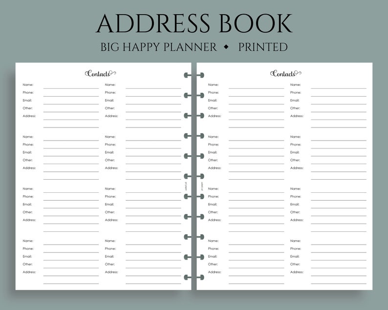 Address Book Inserts, Personal and Business Contacts Pages, Phone Book and Addresses Big Happy Planner / 8.5 x 11 zdjęcie 1