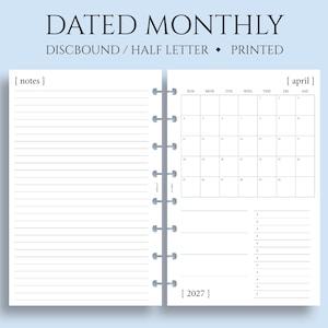 Dated Monthly Calendar Planner Inserts, Junior Half Letter Size Discbound, Sunday Start, MO1P, Minimal, Functional ~ 5.5 x 8.5"