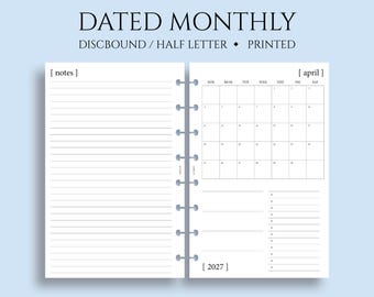 Dated Monthly Calendar Planner Inserts, Junior Half Letter Size Discbound, Sunday Start, MO1P, Minimal, Functional ~ 5.5 x 8.5"