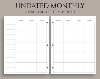 Undated Monthly Calendar Planner Inserts, Sunday Start, MO2P Layout ~ Fits Full Letter Size 3-Ring / 8.5" x 11"