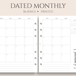 Dated Monthly Calendar Planner Inserts, B6 Planner, 6-Ring, Monday Start, MO2P, Minimal, Functional ~ 5.3" x 7"