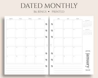 Dated Monthly Calendar Planner Inserts, B6 Planner, 6-Ring, Monday Start, MO2P, Minimal, Functional ~ 5.3" x 7"