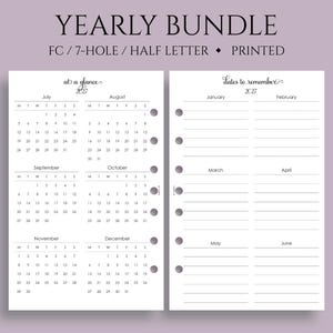 Yearly Calendar Bundle, FC Classic 7-Hole, Year-at-a-Glance, Dates to Remember, U.S. Holidays ~ Half Letter Size / 5.5 x 8.5"