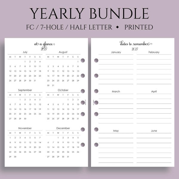 Yearly Calendar Bundle, FC Classic 7-Hole, Year-at-a-Glance, Dates to Remember, U.S. Holidays ~ Half Letter Size / 5.5 x 8.5"