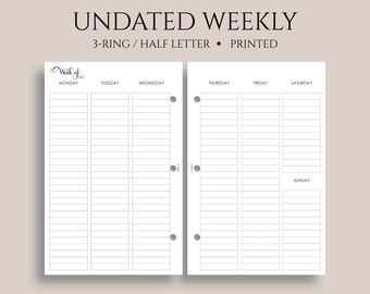 Op de afbeelding: Ongedateerde weekplanner met 3-ringbinding, gedrukt op half briefpapier. De planner heeft een eenvoudig ontwerp met gelinieerde pagina's voor elke dag van de week, van maandag tot en met zondag.