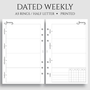 Dated Weekly Planner Inserts, Horizontal Layout with Weekly Habit Tracker, WO2P A5 Rings, Half Letter Size / 5.5 x 8.5 image 1