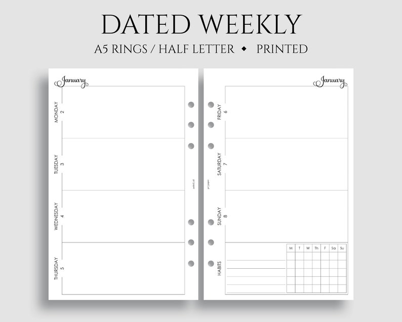 Dated Weekly Planner Inserts, Horizontal Layout with Weekly Habit Tracker, WO2P A5 Rings, Half Letter Size / 5.5 x 8.5 image 1