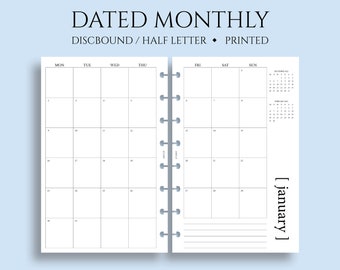 Dated Monthly Calendar Planner Inserts, Monday Start, MO2P, Minimal, Functional ~ Junior Half Letter Size Discbound / 5.5 x 8.5"