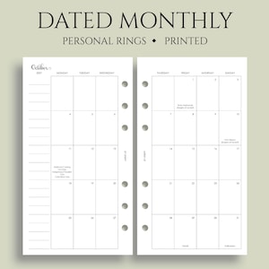Dated Monthly Calendar Planner Inserts, 6-Ring Personal Size, Holidays, Monday Start, MO2P ~ Personal Rings / 3.75" x 6.75"