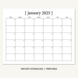 January 2025 Calendar Printable, Minimal Dated January Monthly Calendar, Instant Digital Download PDF, Sunday Start or Monday Start