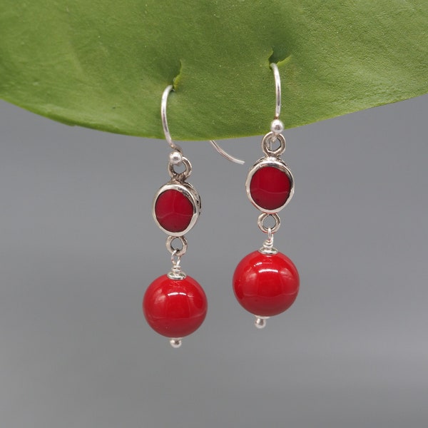 Rote Muschel Perlen Ohrringe, 925 Silber, lange Ohrhänger mit Muschelperlen und Sterlingsilber