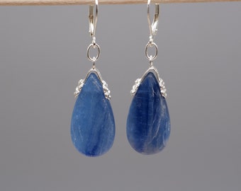 Kyanite earrings, long stone drop earrings, 925 sterling silver, blue drop earrings