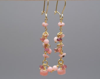 Rhodochrosite tourmaline & pink opal earrings, 925 sterling silver gold plated, pink long gemstone earrings