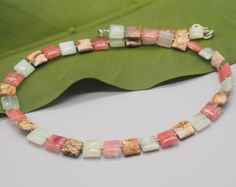 Collar de jaspe, jade y cuarzo, plata 925, collar de piedras preciosas de colores