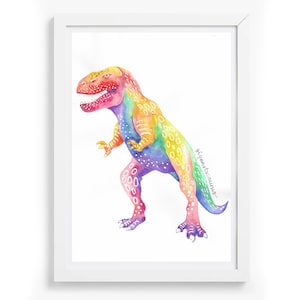 Kids dinosaur T Rex print.  Rainbow colour Giganotosaurus dinosaur print perfect for baby nursery or big kids room décor.