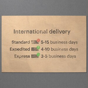 The image is a brown paper with text and symbols indicating different delivery options for international shipping.