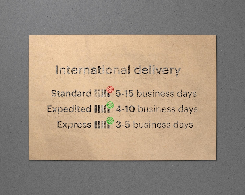 The image is a brown paper with text and symbols indicating different delivery options for international shipping.