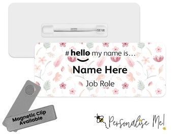 Hello My Name is Name Badge - Pretty Pink Florals | Personalised Badge | #hello my name is... Badge | Personalised Metal ID Reel