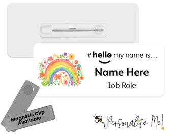 Hello My Name is Name Badge - Rainbow Flowers | Personalised Badge | #hello my name is... Badge | Personalised Metal ID Reel