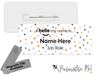 Hello My Name is Name Badge - Coloured Hearts Background | Personalised Badge | #hello my name is... Badge | Personalised Metal ID Reel