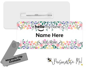 Hello My Name is Name Badge - Watercolour Wild Flower Edging | Personalised Badge | #hello my name is... Badge | Personalised Metal ID Reel